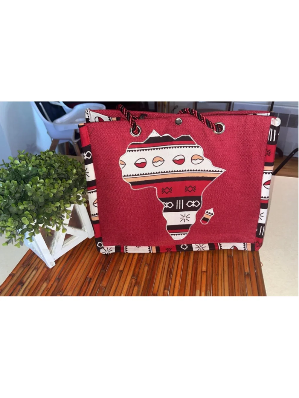 Red Jute Tote Bag | Afrocentric African Print Market, Ethnic Shoulder Tote